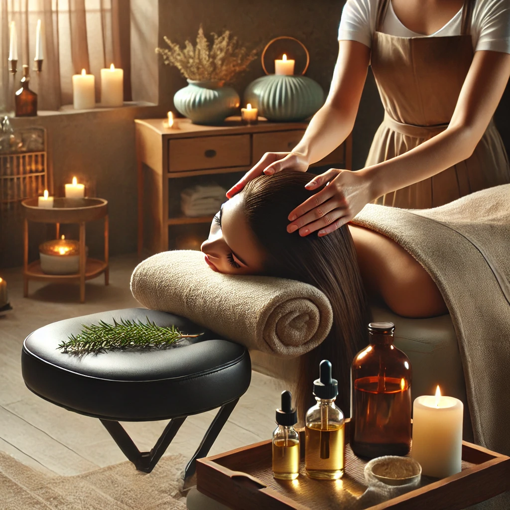 A relaxing spa setting showcasing a Scalp Massage service. The image features a comfortable massage chair where a client is receiving a soothing scalp