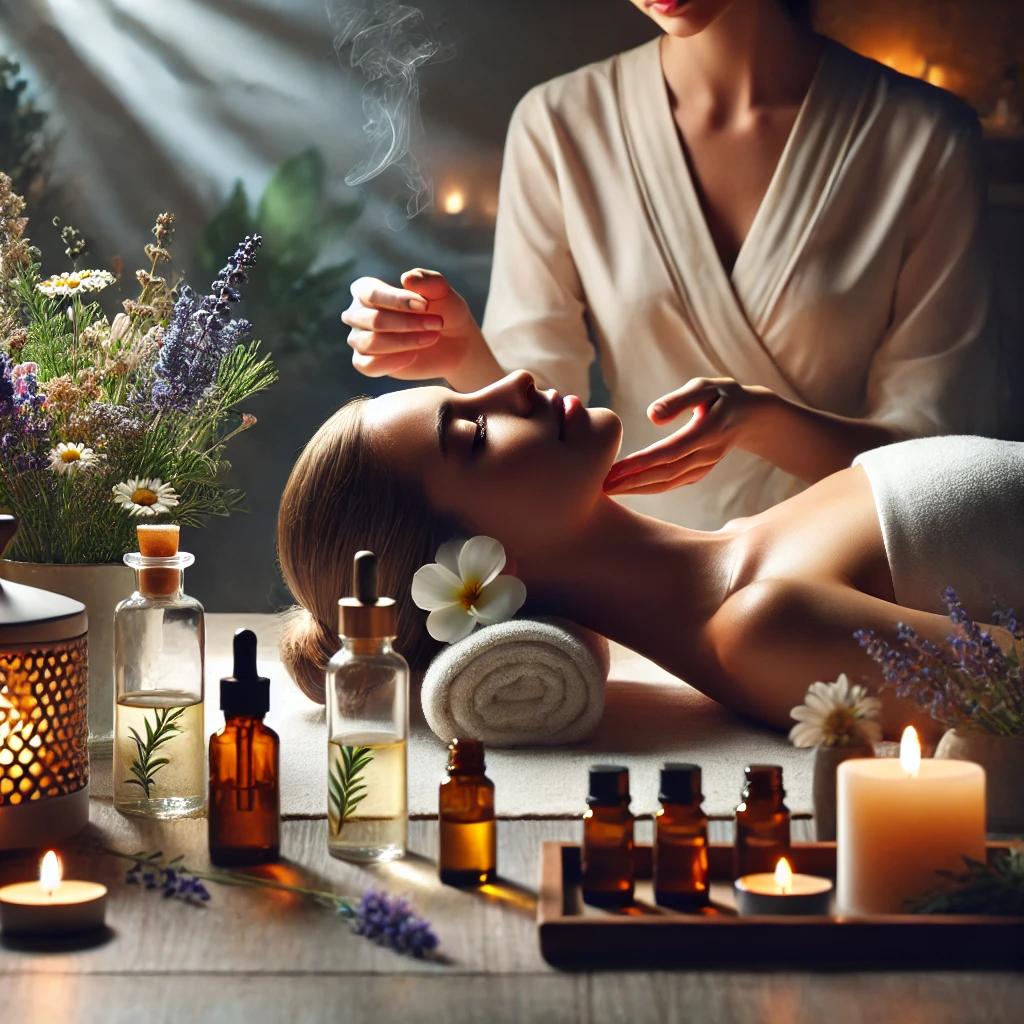 A_serene and elegant spa setting showcasing essent