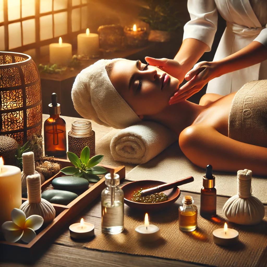 A tranquil spa setting featuring a facial treatmen